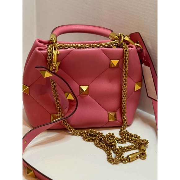 VALENTINO GARAVANI NAPPA SMALL ROMAN STUD THE HANDLE BAG FLAMINGO PINK - Picture 6 of 14